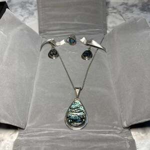 HUGE Abalone Shell Sterling Silver 925 ATI Mexico Dangle Pendant VTG Necklace, e